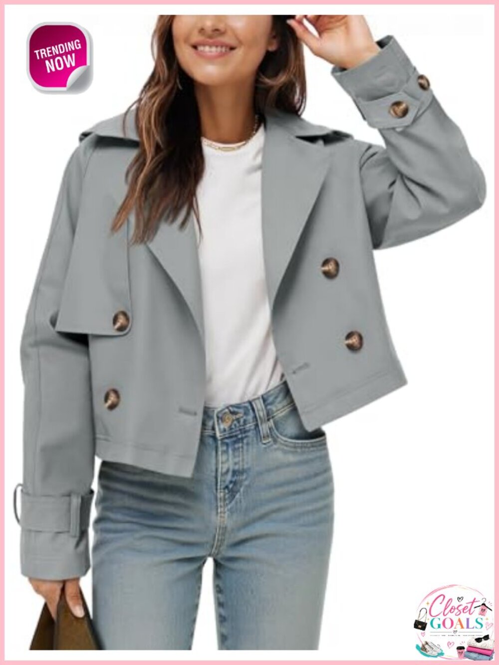 Cropped Trench Coat Double Breasted Notch Lapel Loose Fit Fall
